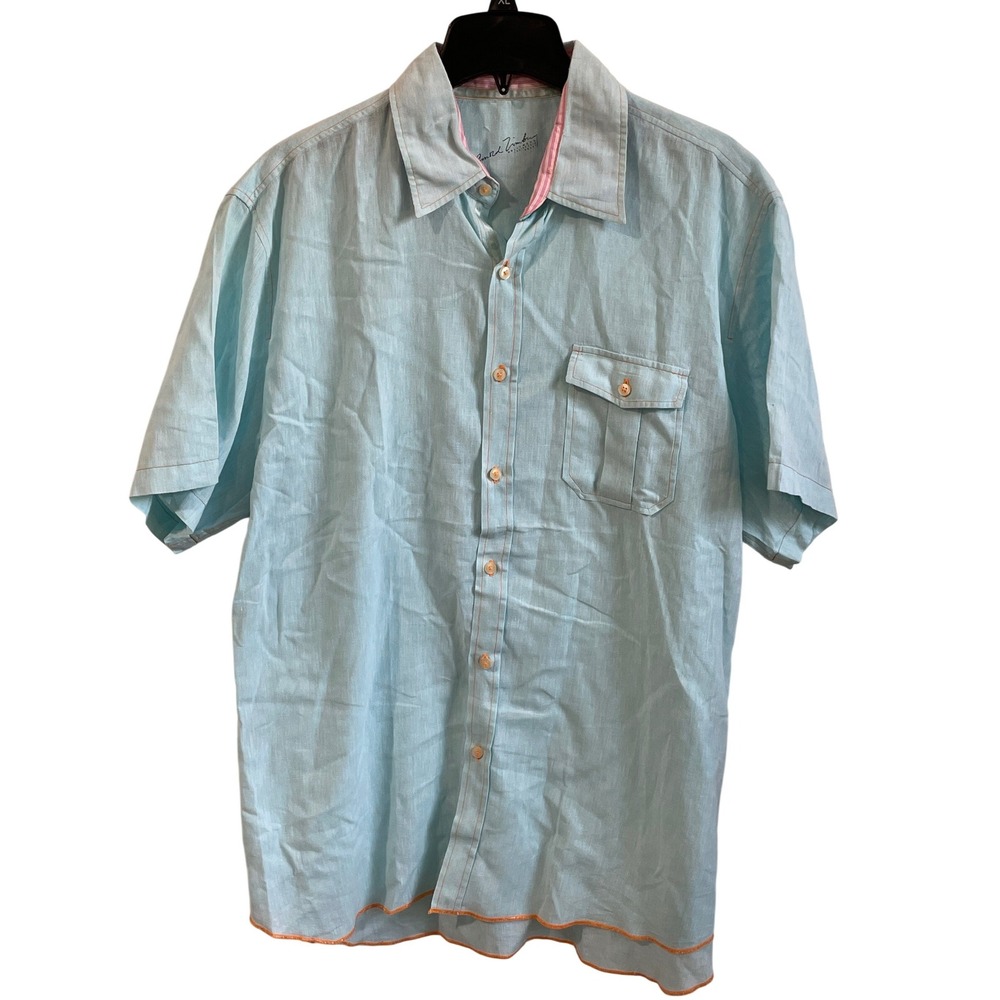 Arnold Zimberg Hollywood Mens Light Blue Linen Cotton Short Sleeve Shirt XL
